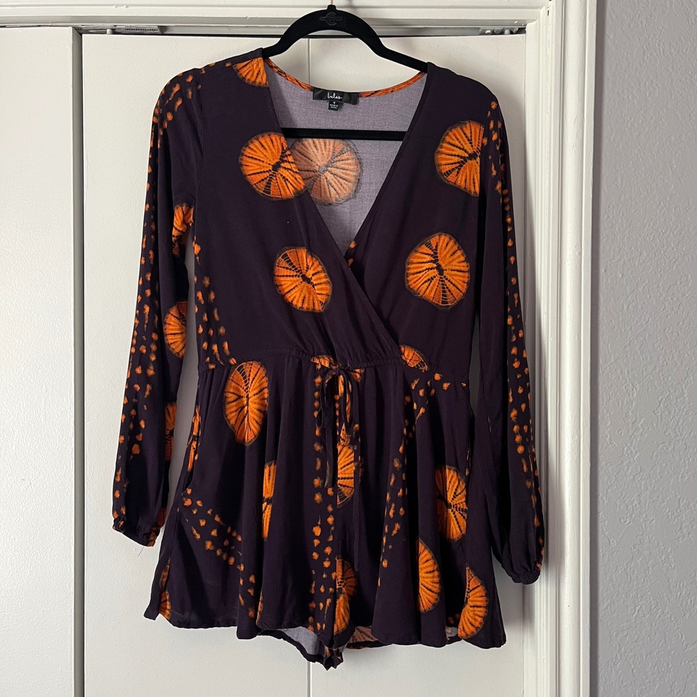 Lulus Womens Orange Tie Dye Medallion Long Sleeve Romper Purple Small